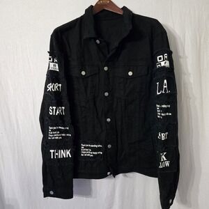 Shein Letter Print Denim Jacket Mens XL Casual Grunge‎ Chest Pocket Distressed
